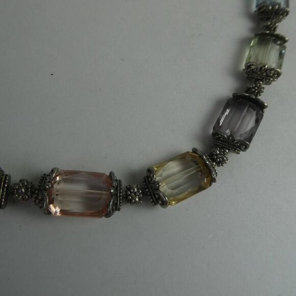 Pastel Rainbow Silver Tone Beaded Jeweled Station Necklace Pink Blue Yellow 18+" - Picture 4 of 7